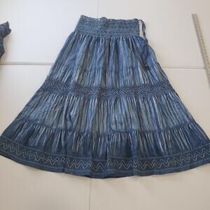 Whimsigoth Fairy Grunge Skirt Womens Large Blue Boho Tiered Maxi Smocked Waist
